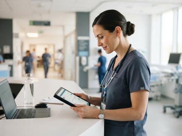 Medium close-up of a focused female doctor in clean clinical attire working in a modern, well-lit hospital environment, bright natural daylight, clean white and slate tones, shallow depth of field, 35mm.