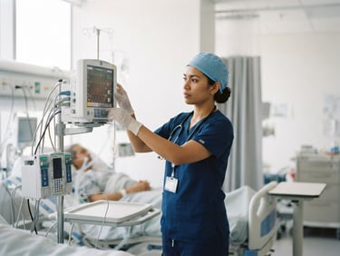 A focused professional nurse in clean blue scrubs adjusting clinical equipment in a brightly lit modern hospital ward, soft natural daylight, shallow depth of field, 35mm