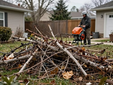 Overgrown residential backyard before cleanout, piled yard waste and dead branches, crew member with industrial chipper in background, overcast natural light