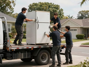 Crew members loading a large old refrigerator onto a flatbed truck in a driveway, natural daylight, residential street in background, work gloves visible