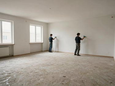 Wide shot of an empty apartment unit mid-move-out, scuffed walls and bare floors, crew member scrubbing baseboards in background, bright daylight through uncovered windows