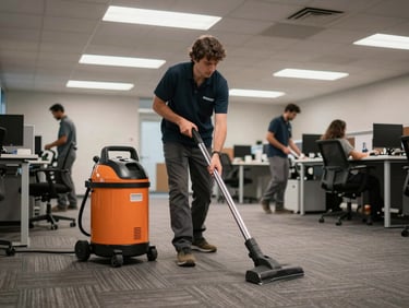 Interior of a commercial office space being cleaned after lease-end, industrial vacuum on carpet, crew in work gear, fluorescent overhead light, desks cleared