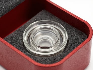 Macro shot of a glass vapor seal assembly inside a red steel foam chamber, high-contrast metallic textures, crisp studio lighting