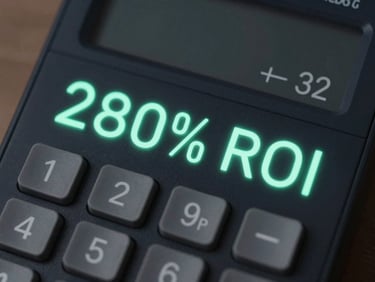 High-fidelity digital UI close-up of an ROI calculator output, neon mint active state showing '280% ROI' in a crisp monospaced font, dark slate background, mathematical precision.