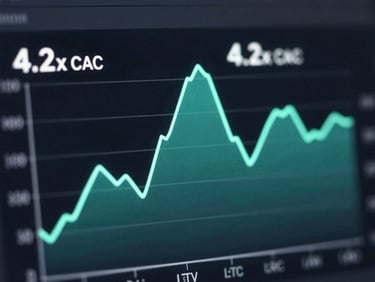 High-fidelity digital UI close-up of a LTV to CAC ratio graph, neon mint active line peaking at '4.2x' on a dark grid, subtle neon glow, monospaced typography.