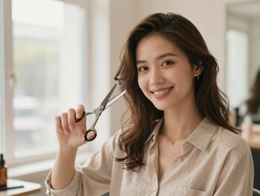 Warm editorial portrait of a professional female hair stylist with a friendly smile, working in a bright salon, soft natural light, holding styling shears, 35mm, shallow depth of field