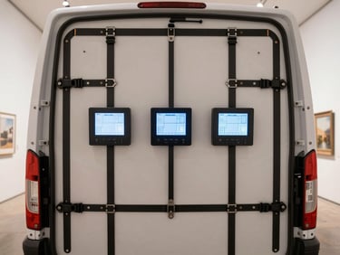 Interior of a climate-controlled art transport vehicle, showing secure strapping systems and temperature monitoring displays, clean gallery lighting, neutral archival tones, sharp focus, 35mm lens