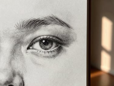 Close-up of a pencil sketch in progress on white cartridge paper, right-edge bleed, graphite hatching visible at high resolution in the shadow region of a portrait subject's eye socket, warm architectural side-light from the right, extreme detail crop showing pencil grain and paper texture