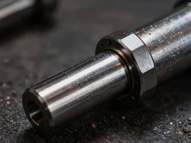 Macro close-up of high-tolerance metallic hydraulic cylinder shafts, dramatic side-lighting, deep metallic tones, sharp focus on chrome finish, dark workshop background.
