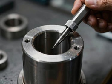 Close-up of a technician measuring a honed hydraulic cylinder bore with a micrometer, sharp focus, metallic reflections.