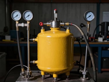 A compact hydraulic power unit with yellow steel reservoir, pressure gauges, and high-pressure hoses in a workshop.