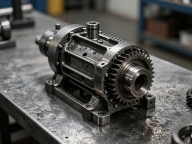 A disassembled hydraulic piston pump on a clean metal workbench, gears and pistons visible, dramatic side-lighting.