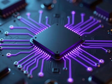 Sleek 3D render of a custom circuit board with glowing purple traces, close-up macro shot, shallow depth of field, dark low-key lighting