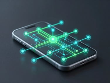 Abstract 3D render of glowing teal and green data paths representing mobile app architecture, dark charcoal background, sharp focus