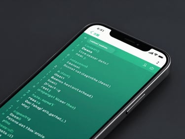 Sleek tech photography of a high-resolution mobile screen displaying clean cyber-green code and UI layouts, cool studio lighting, deep charcoal background, macro lens, sharp focus