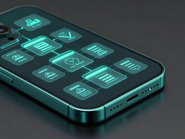 Sleek tech photography of a modern smartphone showing system architecture diagrams, cool teal neon backlighting, macro lens, sharp focus
