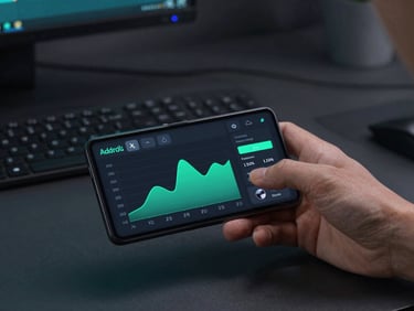 Sleek tech photography of a developer analyzing performance profiling tools on an Android device in a dark, high-tech workspace, cool studio lighting