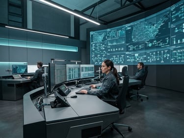 Cool-toned industrial photography of a modern utility control center, clean architectural lighting, slate gray and teal accents, sharp focus, professional editorial style