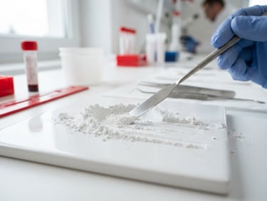 Macro photograph of dry, ultra-fine white cement powder being tested in a clinical laboratory setting, high-contrast lighting, sharp focus, 35mm