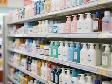 Clean editorial photography of neatly stocked convenience store shelves with recognizable brand-name personal care products, bright natural daylight, soft realistic tones, 35mm lens