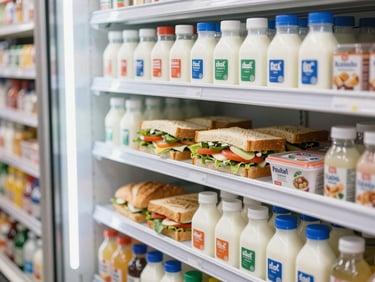 Brightly lit convenience store cooler stocked with fresh sandwiches, milk, and healthy grab-and-go options, natural daylight, clean editorial photography