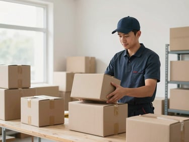 A clean, well-organized local warehouse interior with a worker carefully packing a mixed delivery box, bright natural daylight, soft realistic tones