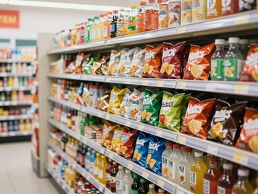 Organized snack aisle in a modern convenience store, featuring popular brand-name chips and beverages, soft realistic tones, 35mm lens