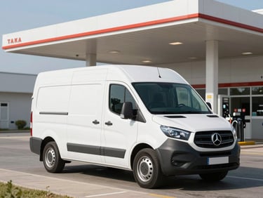 A clean white regional delivery van parked outside a modern fuel station under bright morning daylight, clean editorial photography