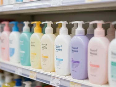 Close-up of neatly arranged brand-name personal care items on a bright convenience store shelf, clean editorial photography, 35mm lens