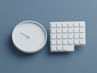 Minimalist 3D render of a clean geometric clock face and calendar grid floating on a slate blue background, bright studio lighting, soft shadows