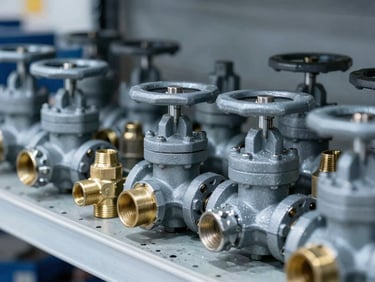 Close-up of heavy-duty industrial valves and brass fittings neatly arranged on a metal warehouse shelf, cool gray tones