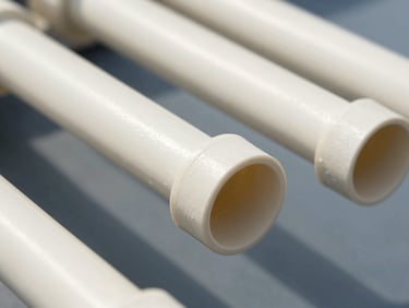 Macro close-up of cream-colored CPVC pipes designed for hot and cold water distribution, clean warehouse lighting, sharp focus