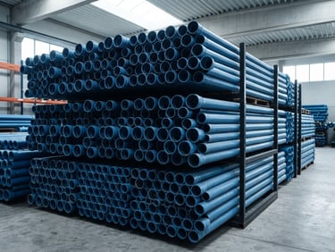 Crisp industrial product photography of stacked blue PVC pipes in a bright warehouse, clean daylight, sharp focus, 35mm