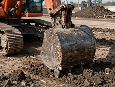 Close-up of a heavy excavator bucket teeth grabbing dark earth, industrial grit, high contrast natural light