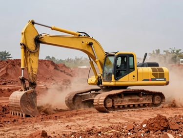 A powerful yellow excavator digging into red earth under harsh natural sunlight, dust in the air, wide-angle 35mm lens, gritty action shot