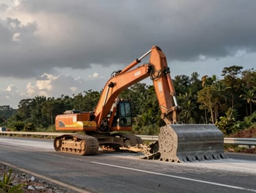 Heavy machinery laying concrete on a wide highway under dramatic overcast sky