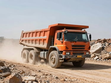 A massive multi-axle dump truck driving through a rugged dirt road at a mining site, dust in the air, high contrast daylight