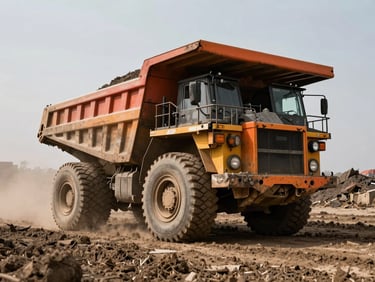 Low-angle heroic shot of a heavy mining dump truck loaded with ore driving through muddy terrain, dramatic daylight, high-contrast earth tones