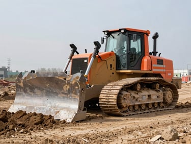 A heavy bulldozer clearing earth on a construction site, low angle shot, safety orange accents visible on the machine