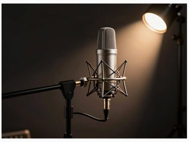 Microphone stand in a dark room illuminated by a single warm spotlight, high contrast.