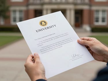 Close-up of hands holding an official university acceptance letter with a gold embossed seal, soft focus background of a campus courtyard.