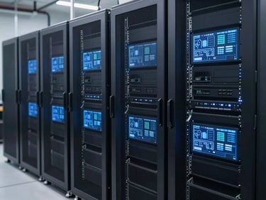 Clean-room server racks with subtle blue UI overlays showing data visualizations, sharp focus, high-tech industrial setting, bright lighting.