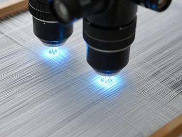 Macro close-up of intricate fabric weaving under optical camera lenses, showing fine threads and a slight blue technical glow, clean studio lighting.