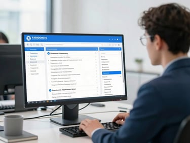A clean corporate office environment with a professional reviewing compliance dashboards on a modern monitor, bright natural daylight