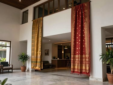 Modern boutique hotel lobby in Mysore, showcasing local silk accents and minimalist design.