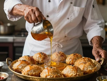 An elderly chef in a traditional white apron carefully pouring hot, molten ghee over a golden batch of authentic Mysore Pak in a rustic brass tray, warm kitchen light, steam.