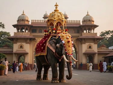 A decorated royal elephant carrying the golden howdah during the Mysore Dasara procession, warm evening light, grand palace gates in the background.