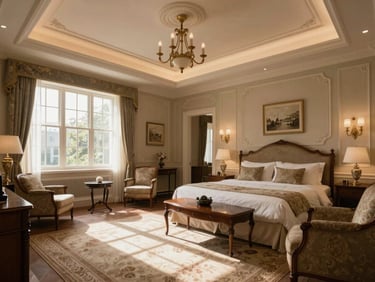 Elegant heritage hotel suite with high ceilings, vintage furniture, and soft natural daylight.