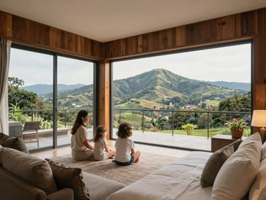 Spacious family suite with warm wooden accents and views of Chamundi Hills.