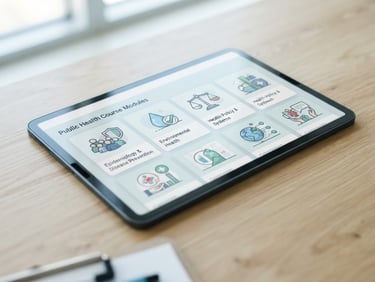 A close-up of a tablet screen displaying clean public health course modules, resting on a wooden clinic desk in bright daylight, sharp focus, clinical tones.